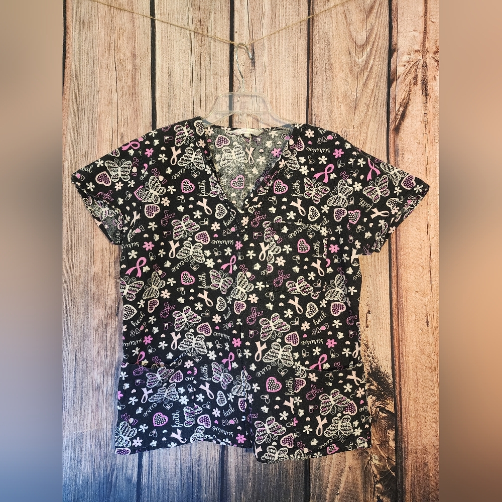 Womens Size LG Pink Ribbon Scrub Top